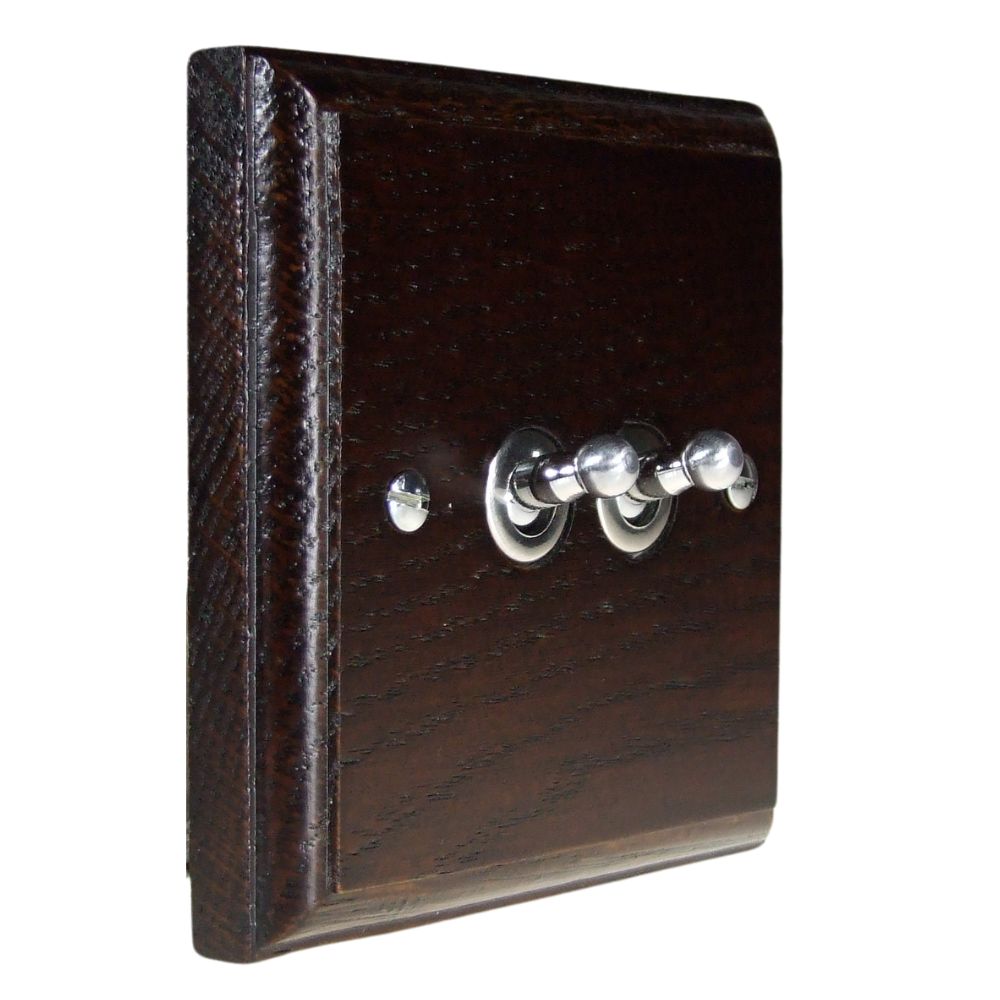Classic Dark Oak Double Light Switch Satin Stainless Toggle