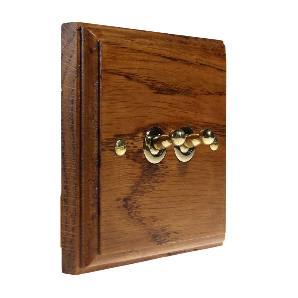 Classic Medium Oak Double Light Switch Polished Brass Toggle