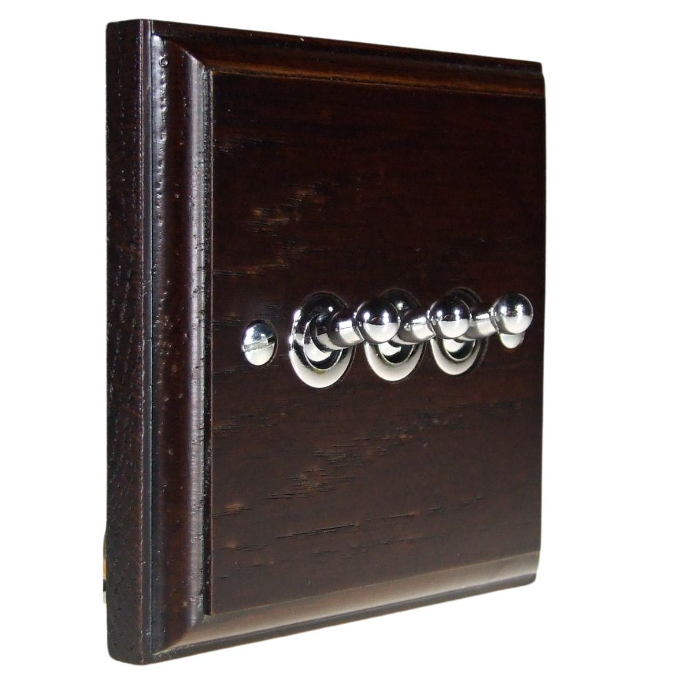 Classic Dark Oak Triple Light Switch Polished Chrome Toggle