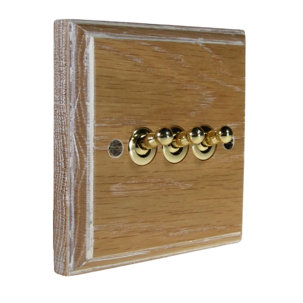 Classic Limed Oak Triple Light Switch Polished Brass Toggle