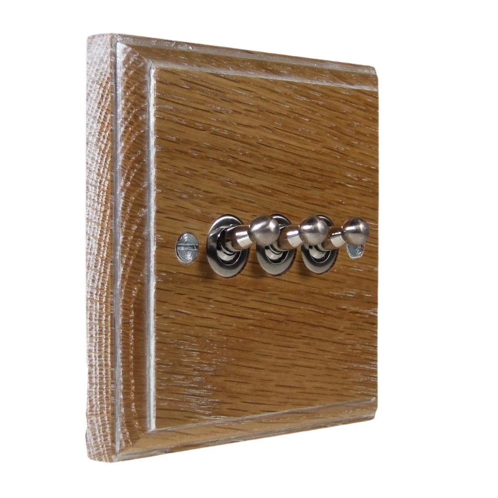 Classic Limed Oak Triple Light Switch Satin Stainless Toggle