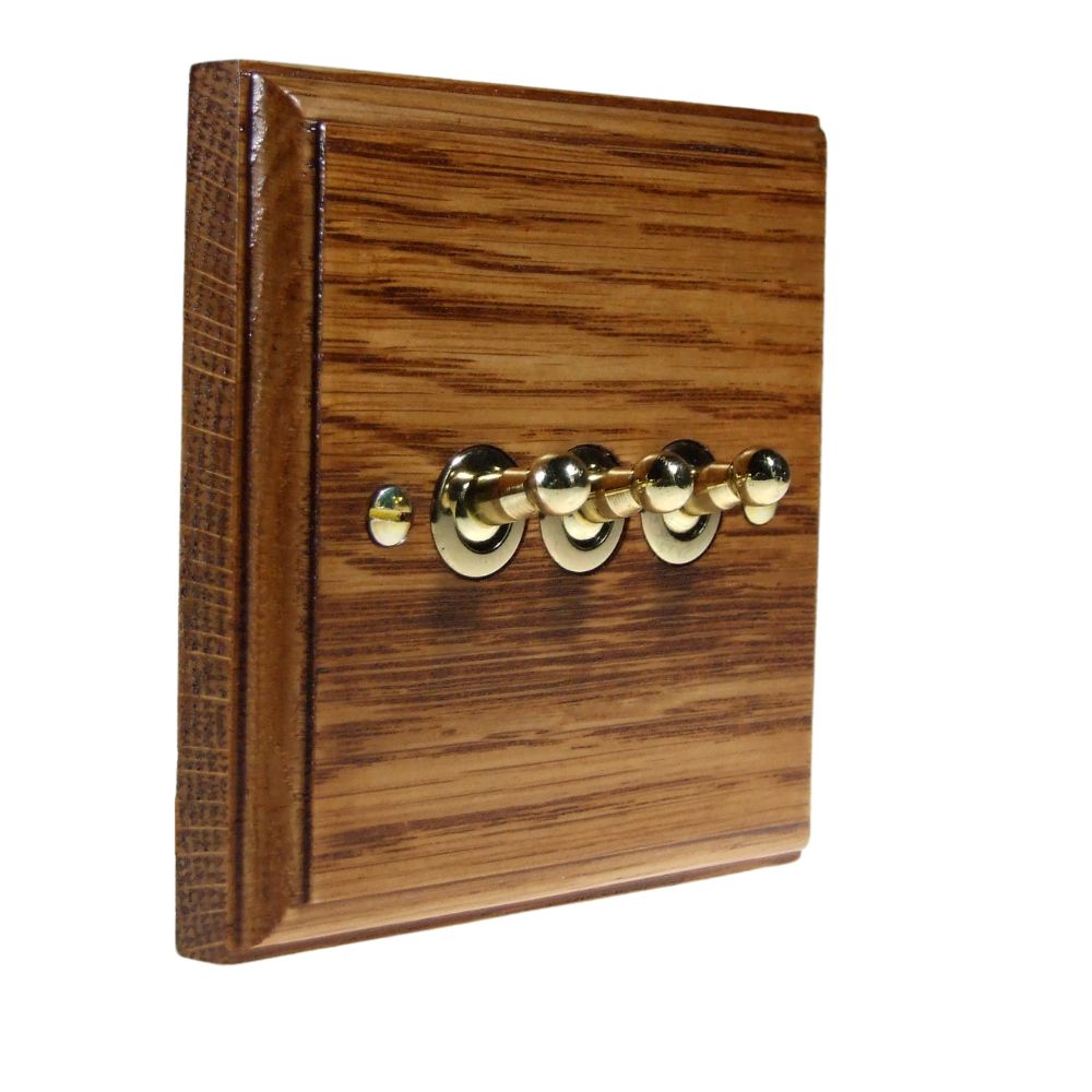 Classic Medium Oak Triple Light Switch Polished Brass Toggle