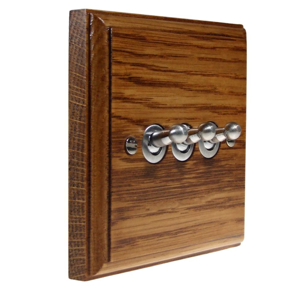 Classic Medium Oak Triple Light Switch Satin Stainless Toggle