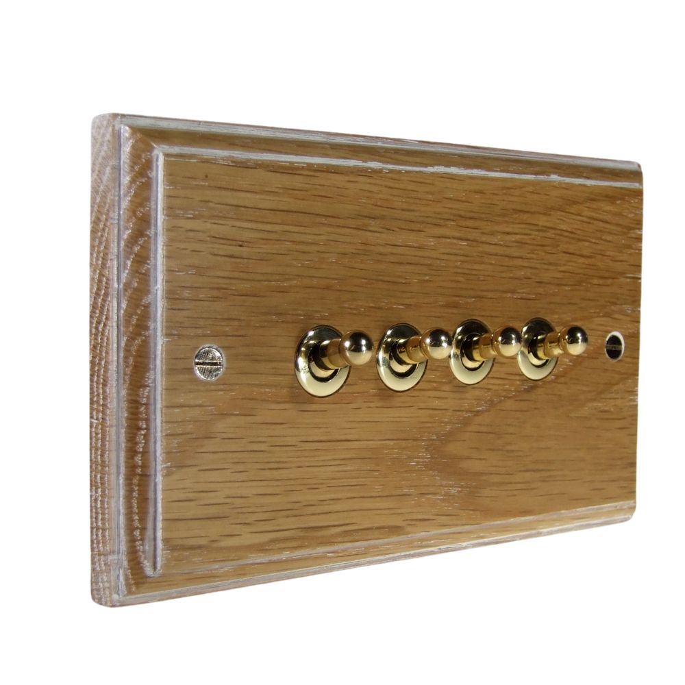 Classic Limed Oak 4 Switch Light Switch Polished Brass Toggle