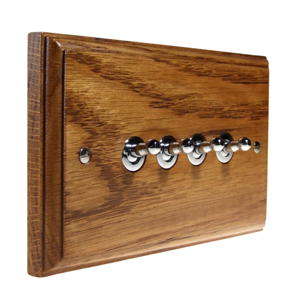 Classic  Medium Oak 4 Switch Light Switch Polished Chrome Toggle