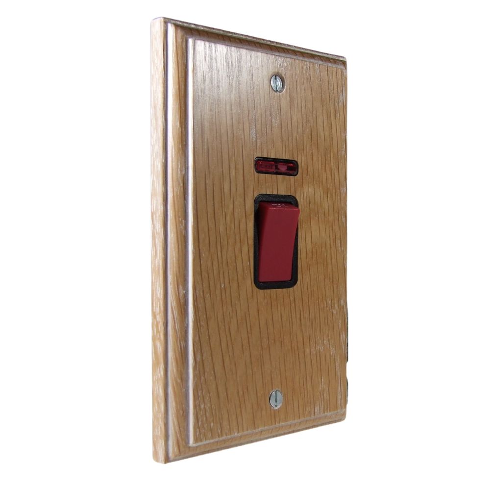 Classic Limed Oak Double Pole Cooker Switch with Neon on a Vertical Twin Plate Black