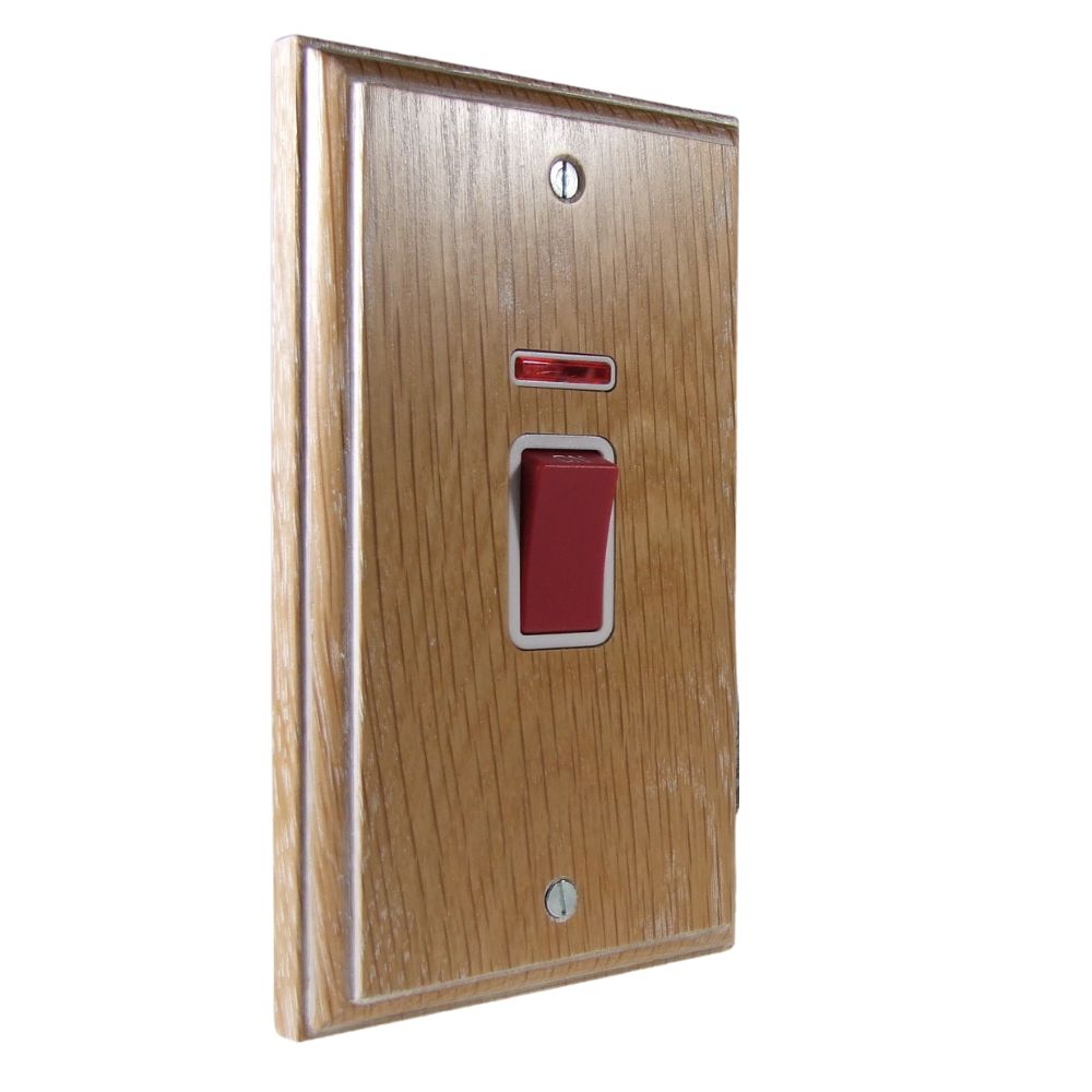 Classic Limed Oak Double Pole Cooker Switch with Neon on a Vertical Twin Plate White