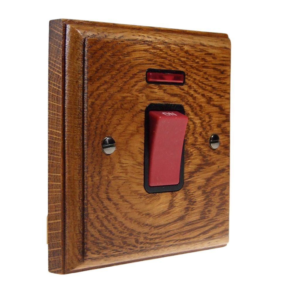 Classic Medium Oak Double Pole Cooker Switch with Neon on a Single Plate Black