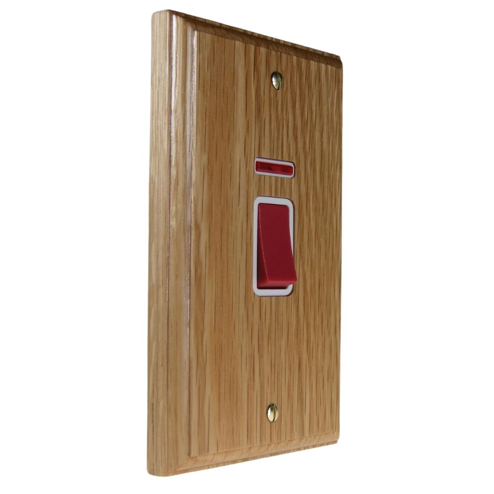 Classic Oak Double Pole Cooker Switch with Neon on a Vertical Twin Plate White