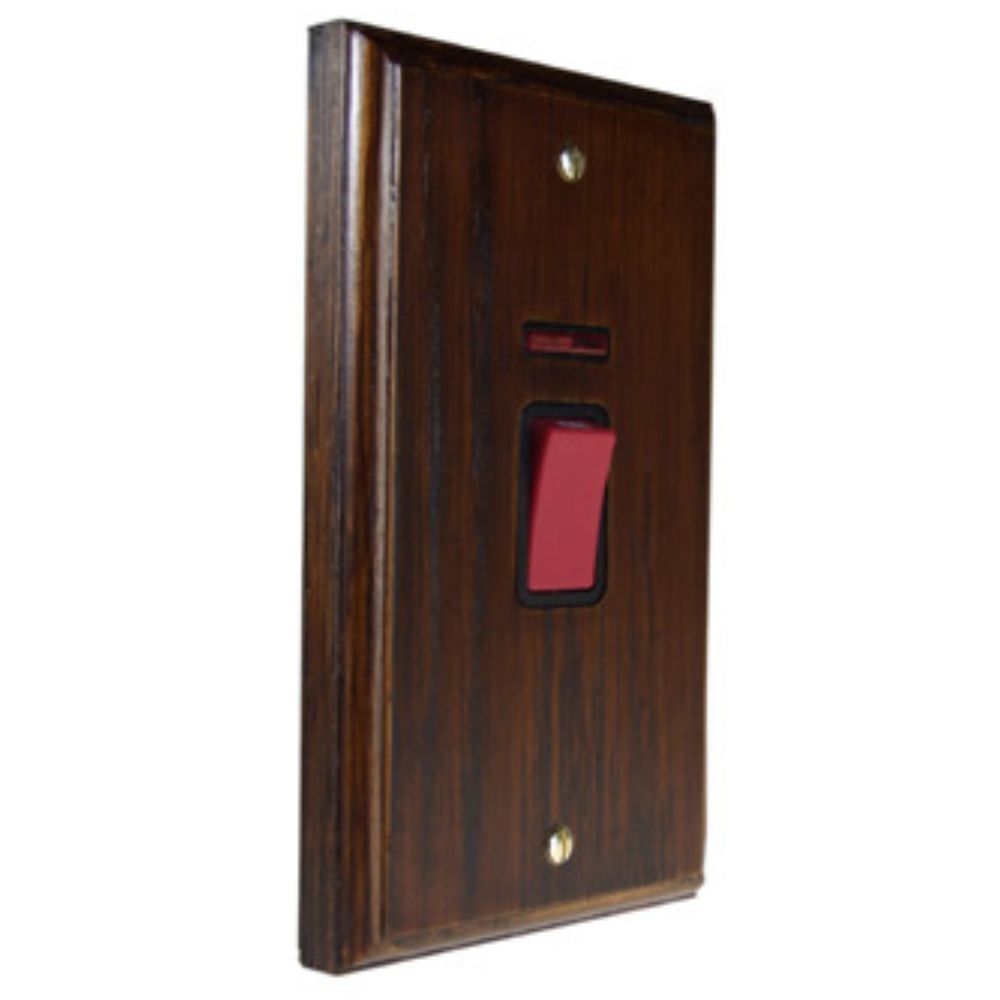 Classic Dark Oak Double Pole Cooker Switch with Neon on a Vertical Twin Plate Black