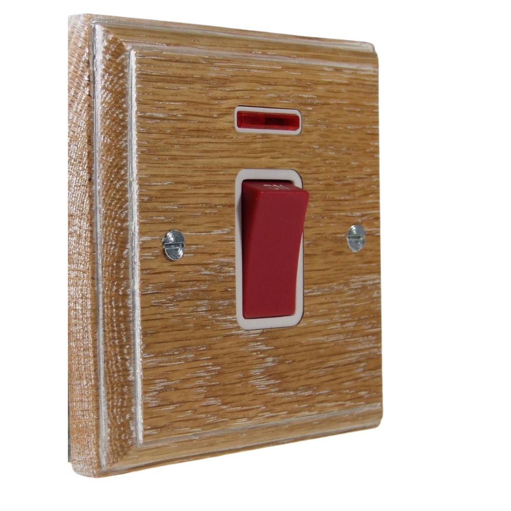 Classic Limed Oak Double Pole Cooker Switch on a Single Plate White