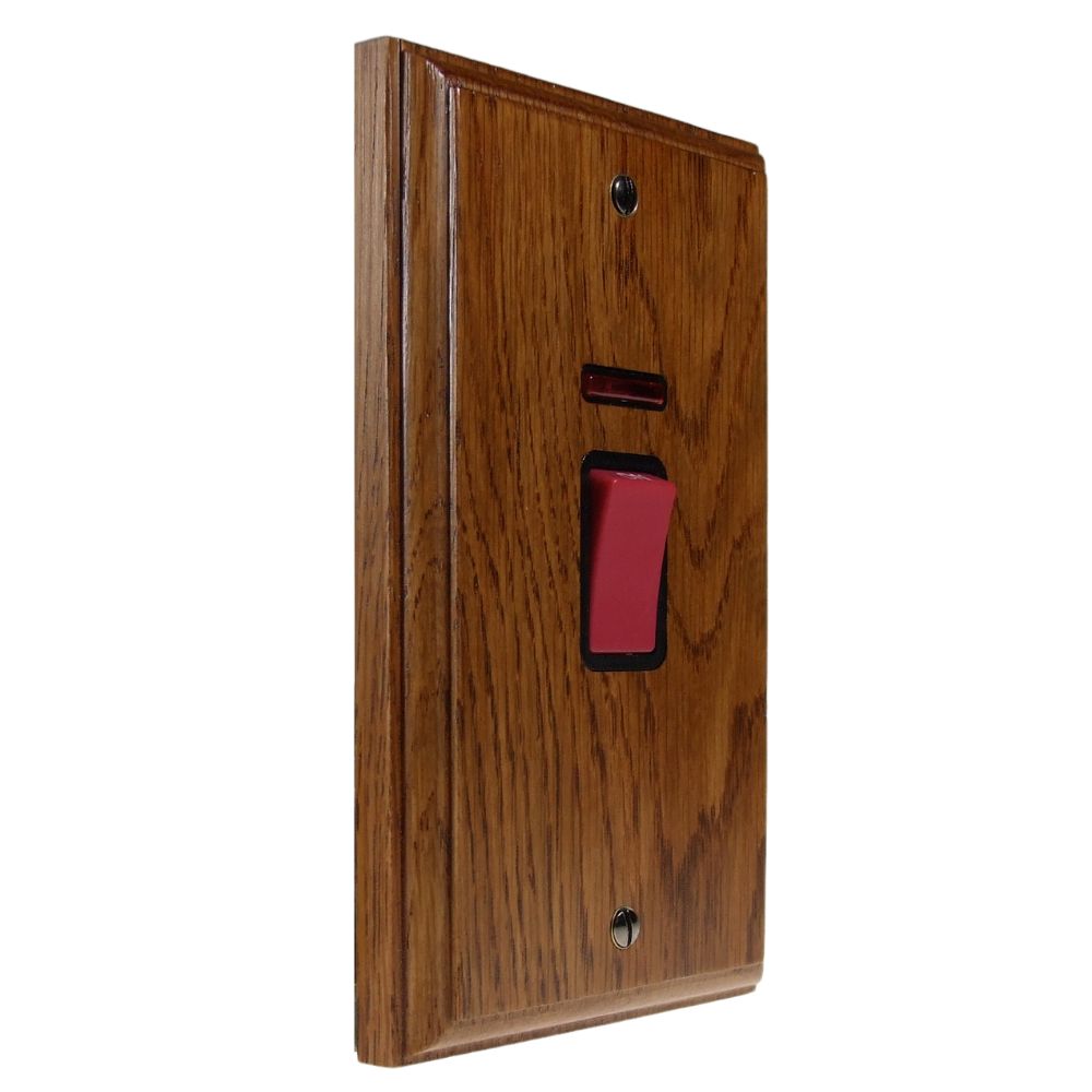 Classic Medium Oak Double Pole Cooker Switch with Neon on a Vertical Twin Plate Black