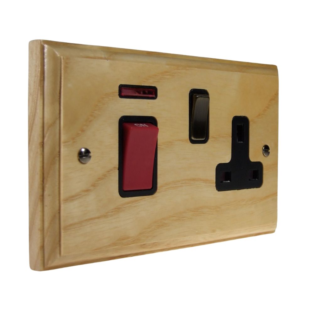 Classic Ash Double Pole Cooker Switch with Single Switched Socket Antique Brass and Black