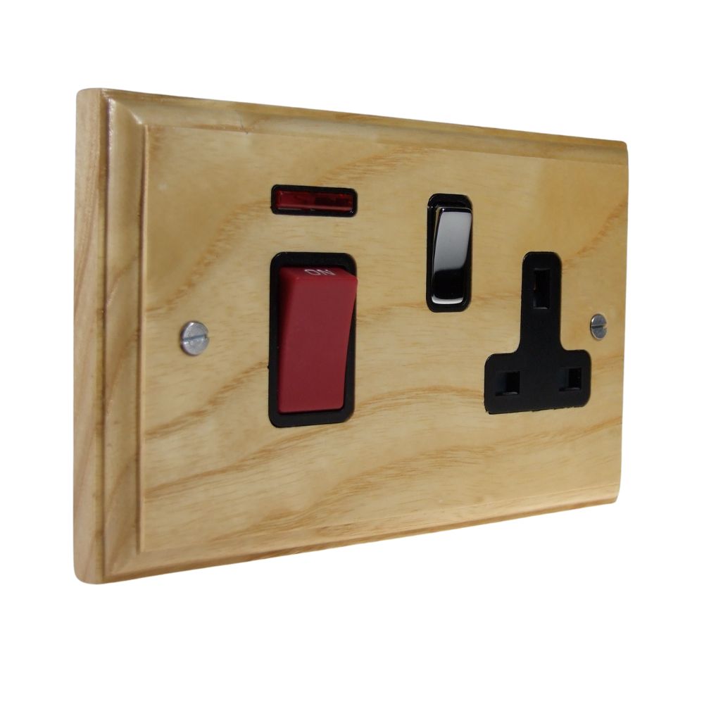 Classic Ash Double Pole Cooker Switch with Single Switched Socket Polished Chrome and Black