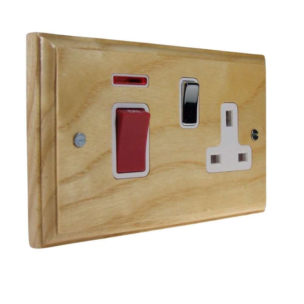 Classic Ash Double Pole Cooker Switch with Single Switched Socket Polished Chrome and White