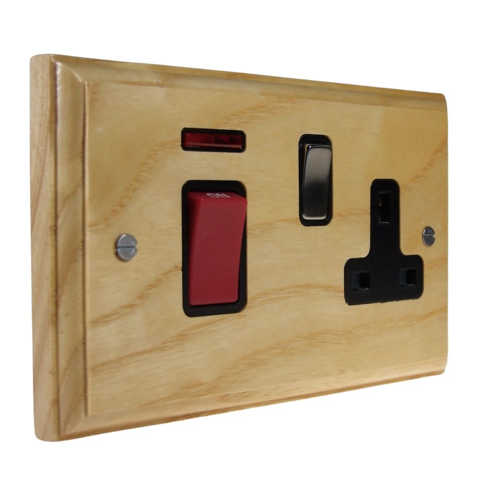 Classic Ash Double Pole Cooker Switch with Single Switched Socket Satin Stainless and Black