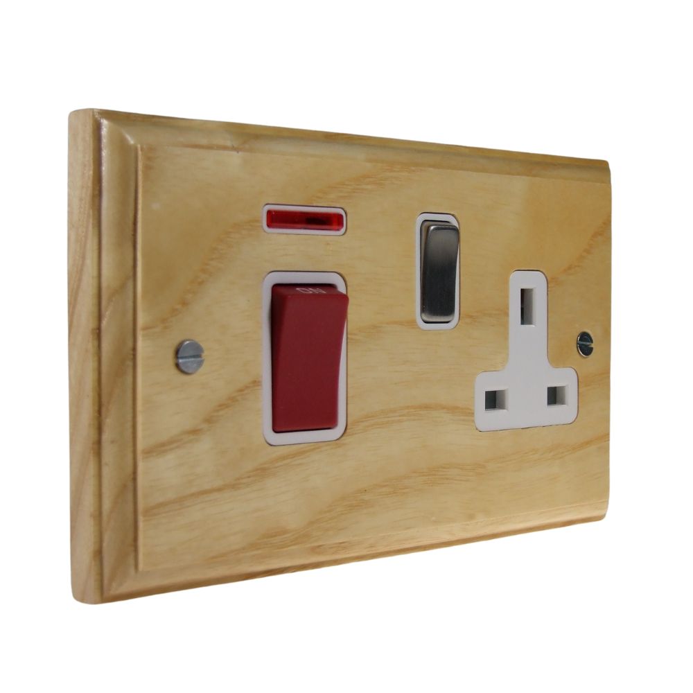 Classic Ash Double Pole Cooker Switch with Single Switched Socket Satin Stainless and White