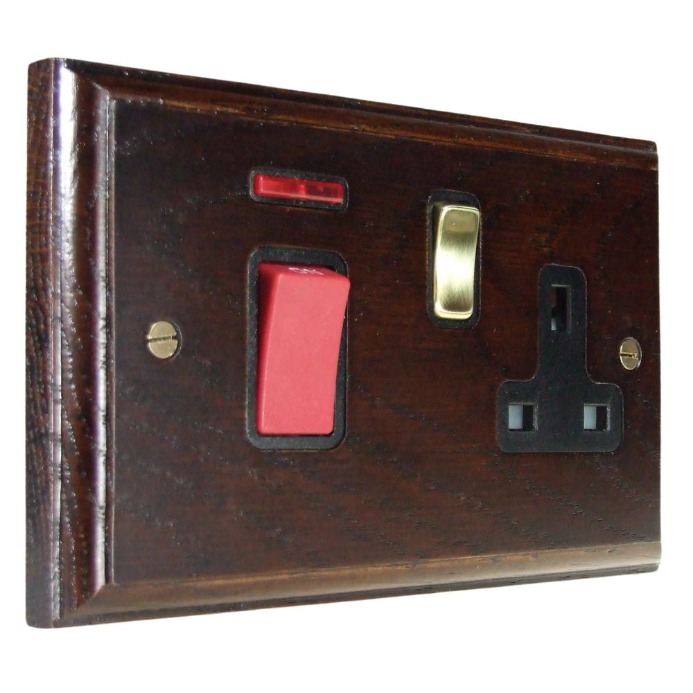 Classic Dark Oak Double Pole Cooker Switch with Single Switched Socket Polished Brass and Black
