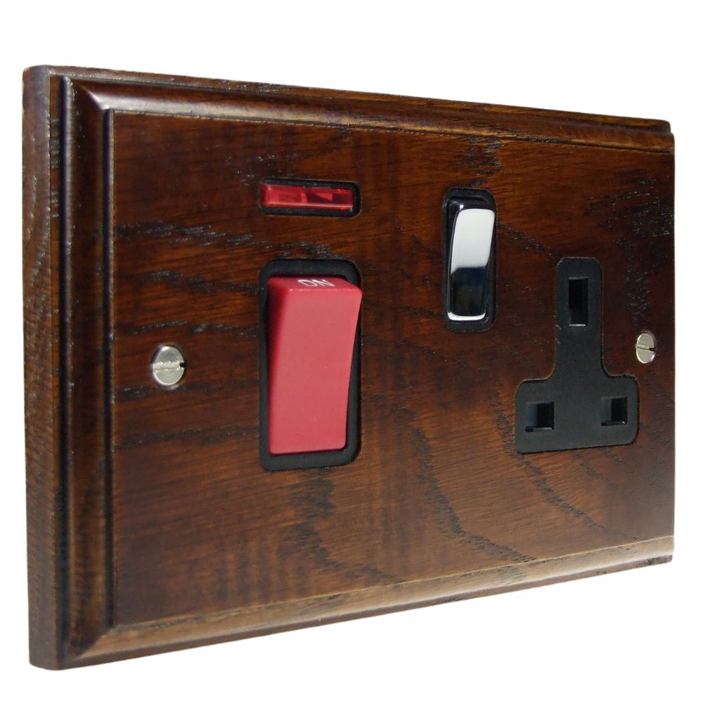 Classic Dark Oak Double Pole Cooker Switch with Single Switched Socket Polished Chrome and Black
