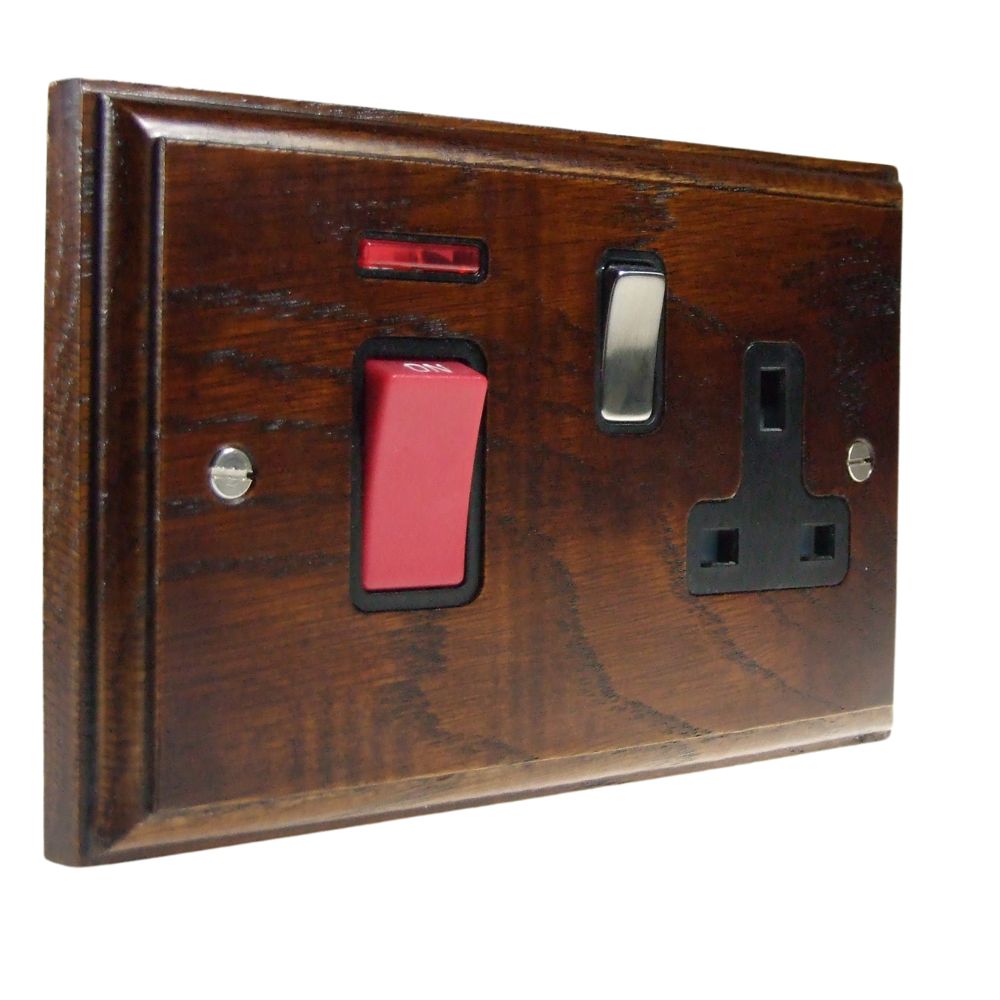Classic Dark Oak Double Pole Cooker Switch with Single Switched Socket Satin Stainless and Black