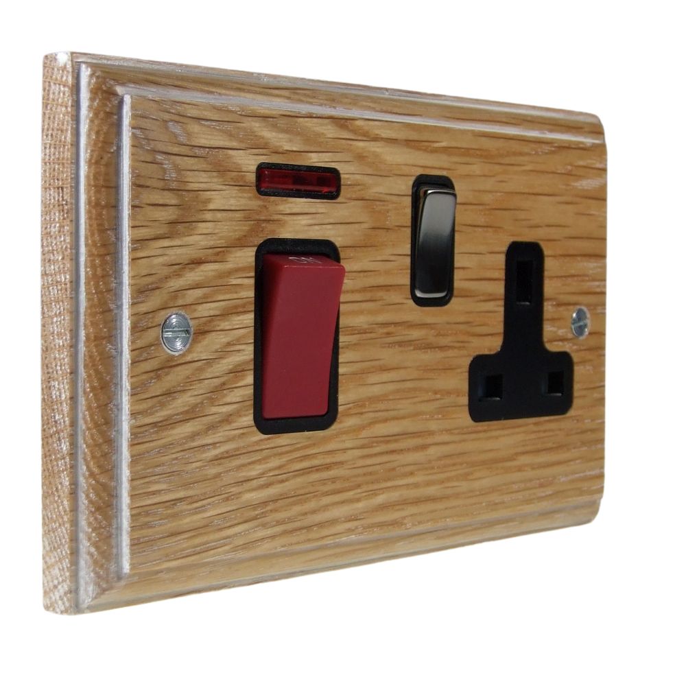 Classic Limed Oak Double Pole Cooker Switch with Single Switched Socket Polished Chrome and Black