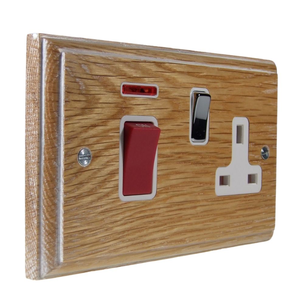 Classic Limed Oak Double Pole Cooker Switch with Single Switched Socket Polished Chrome and White