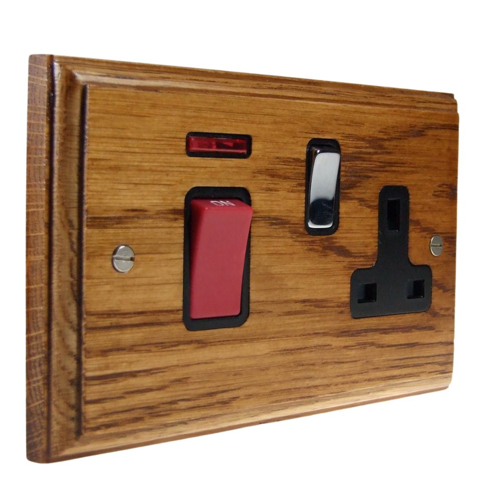 Classic Medium Oak Double Pole Cooker Switch with Single Switched Socket Polished Chrome and Black