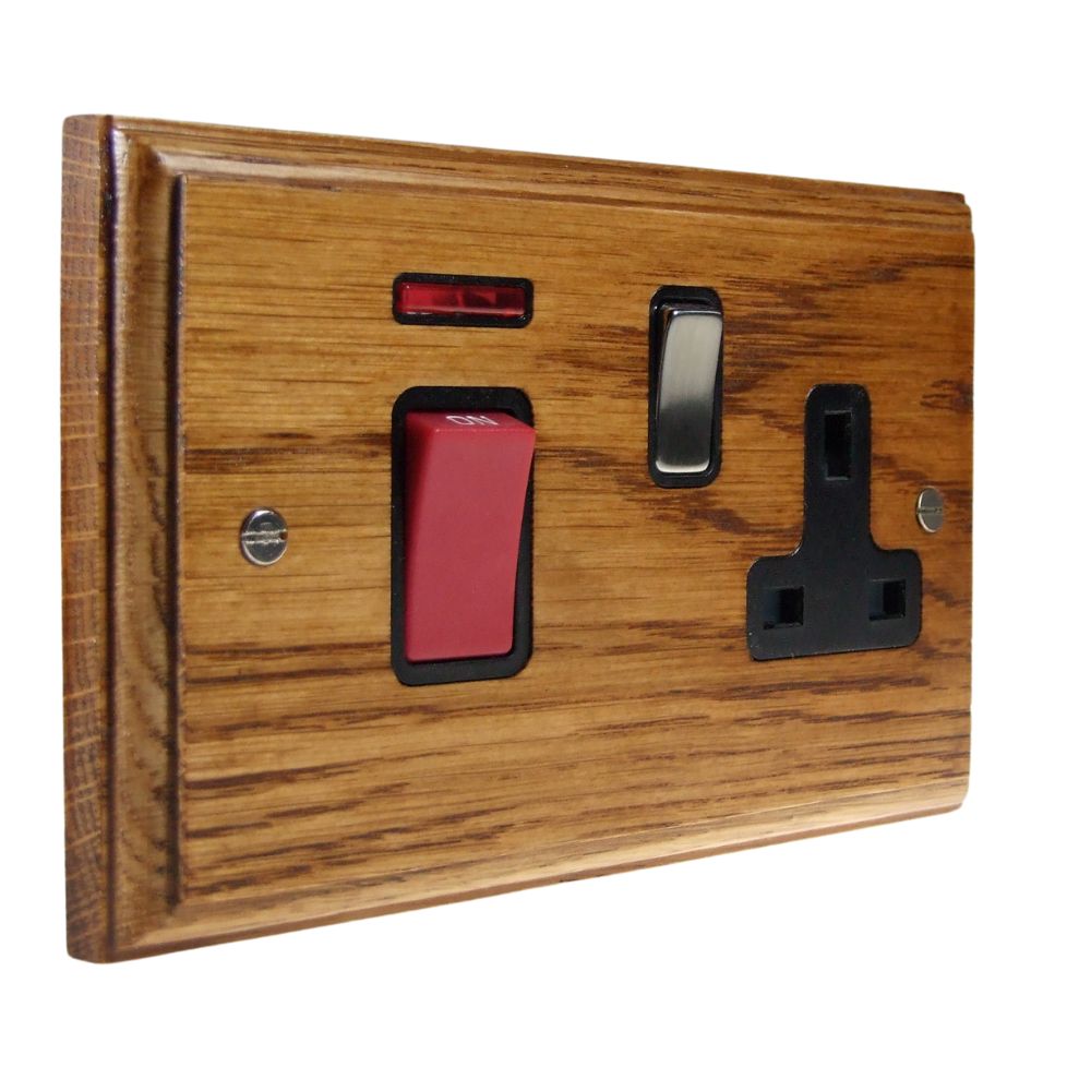 Classic Medium Oak Double Pole Cooker Switch with Single Switched Socket Satin Stainless and Black