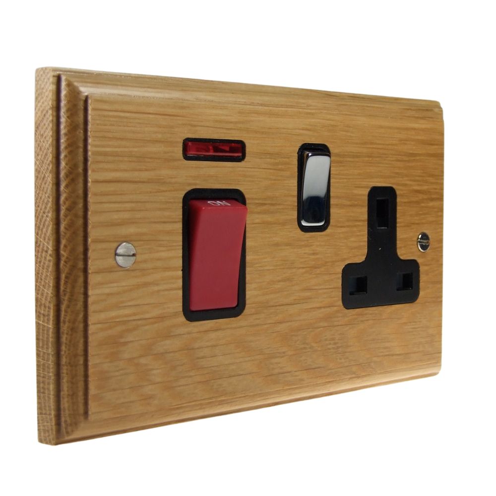 Classic Oak Double Pole Cooker Switch with Single Switched Socket Polished Chrome and Black