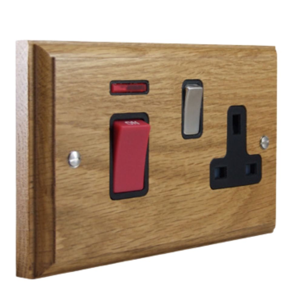 Classic Oak Double Pole Cooker Switch with Single Switched Socket Satin Stainless and Black