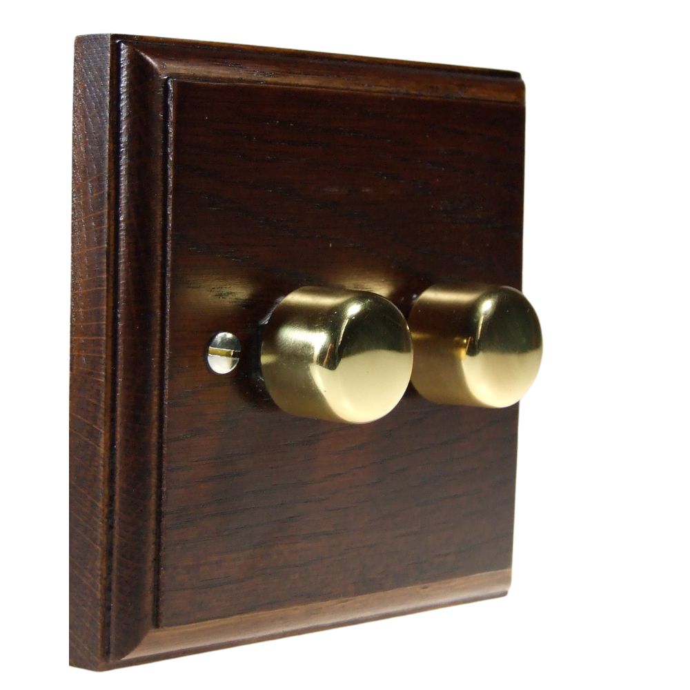 Classic Dark Oak Double 400W Dimmer Polished Brass Caps