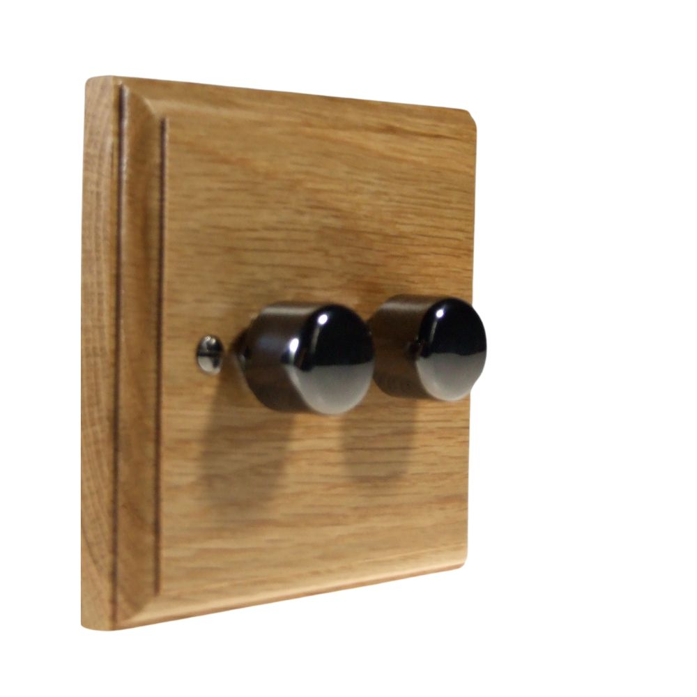 Classic Oak Double LED Dimmer Light Switch Black Nickel Caps