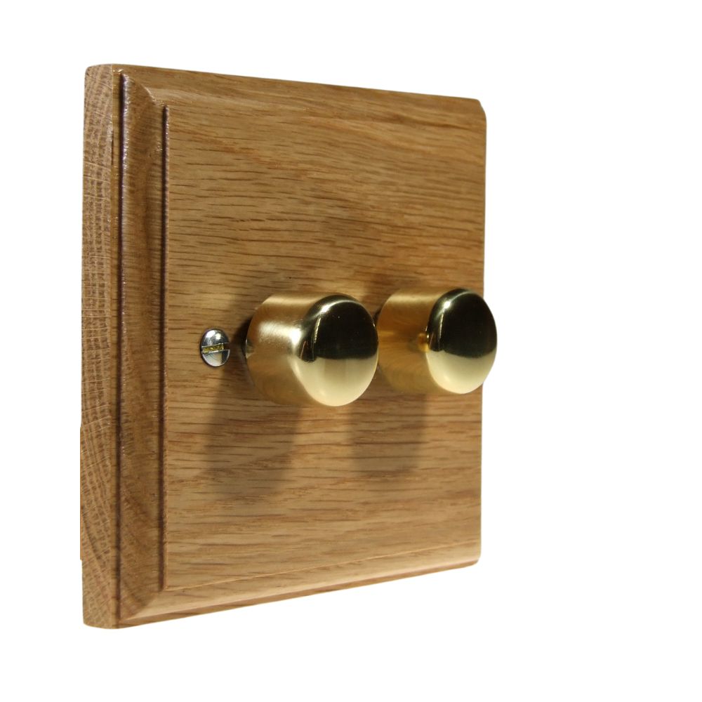 Classic Oak Double LED Dimmer Light Switch Polished Brass Caps