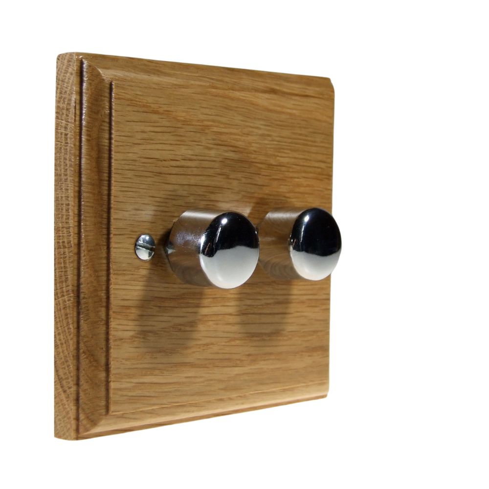 Classic Oak Double 250W Dimmer Light Switch Polished Chrome Caps