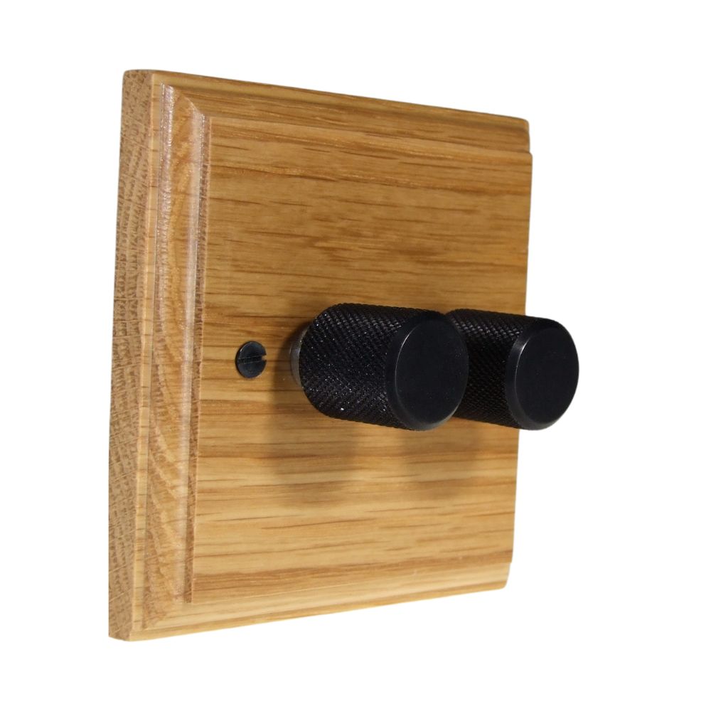 Classic Oak Double 250W Dimmer Light Switch Retro Black Caps