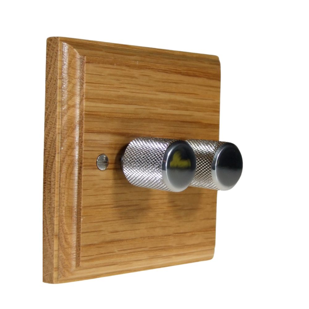 Classic Oak Double 250W Dimmer Light Switch Retro Chrome Caps
