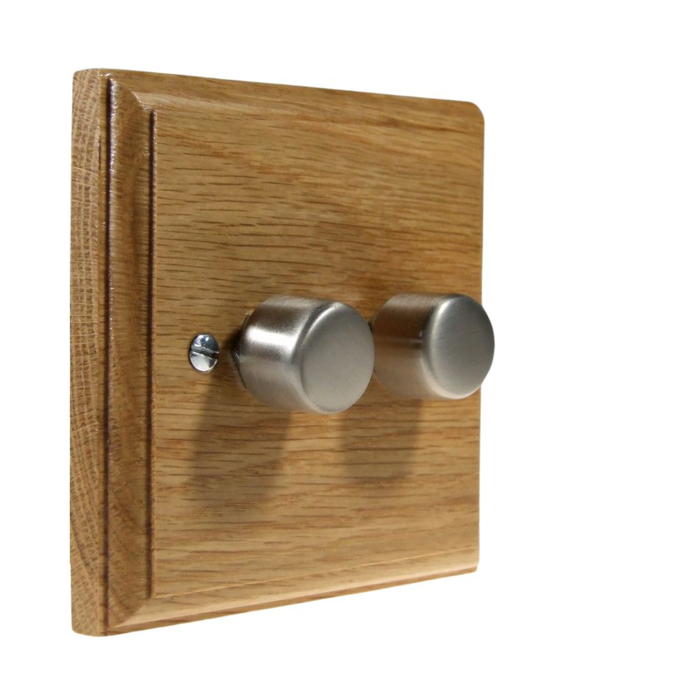Classic Oak Double 250W Dimmer Light Switch Satin Stainless Caps