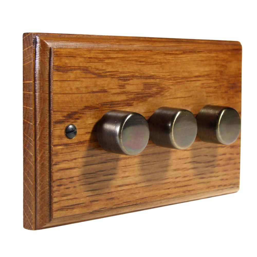 Classic Medium Oak Triple 250W Dimmer Antique Brass Caps