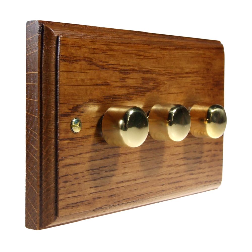 Classic Medium Oak Triple 250W Dimmer Polished Brass Caps