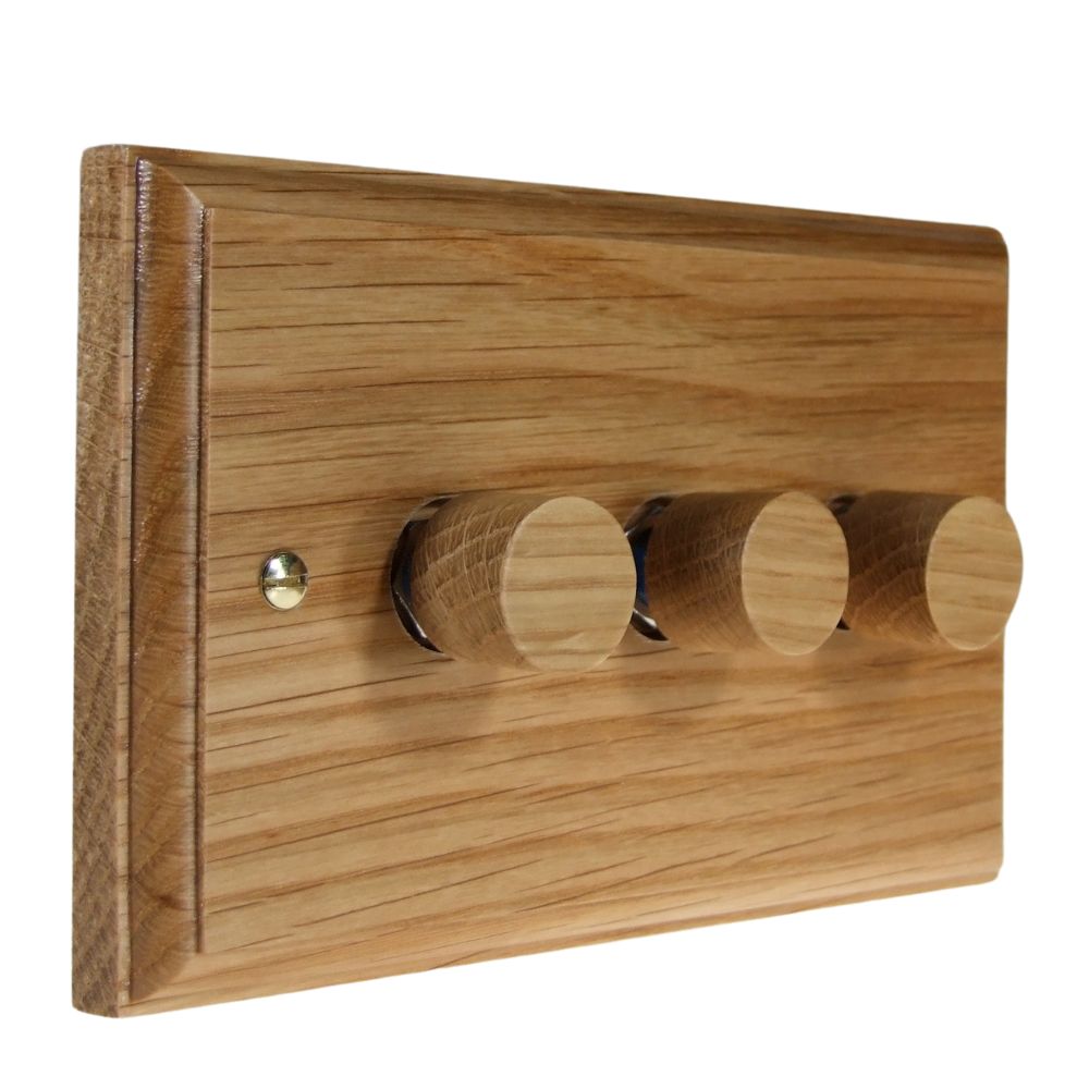 Classic Oak Triple 250W Dimmer Light Switch Oak Caps