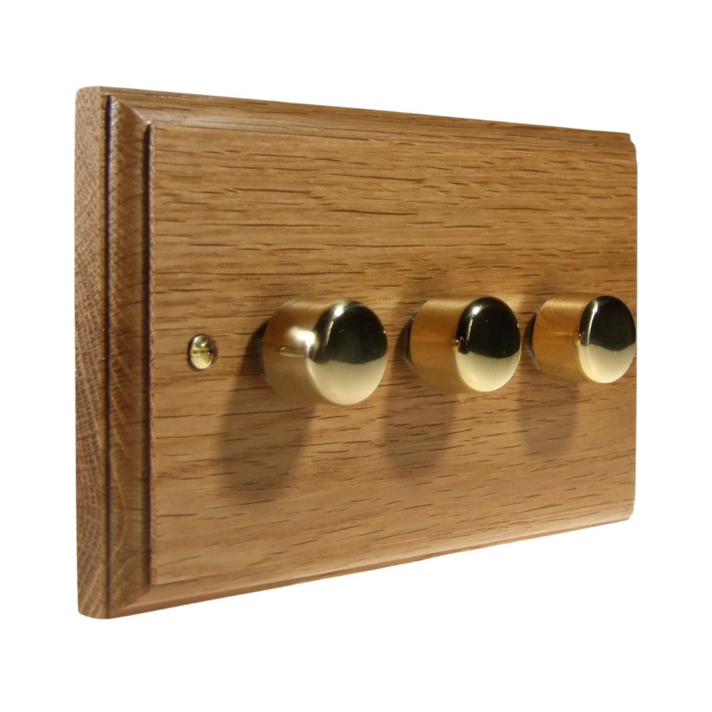 Classic Oak Triple 250W Dimmer Light Switch Polished Brass Caps