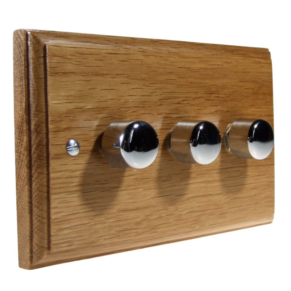 Classic Oak Triple LED Dimmer Light Switch Polished Chrome Caps