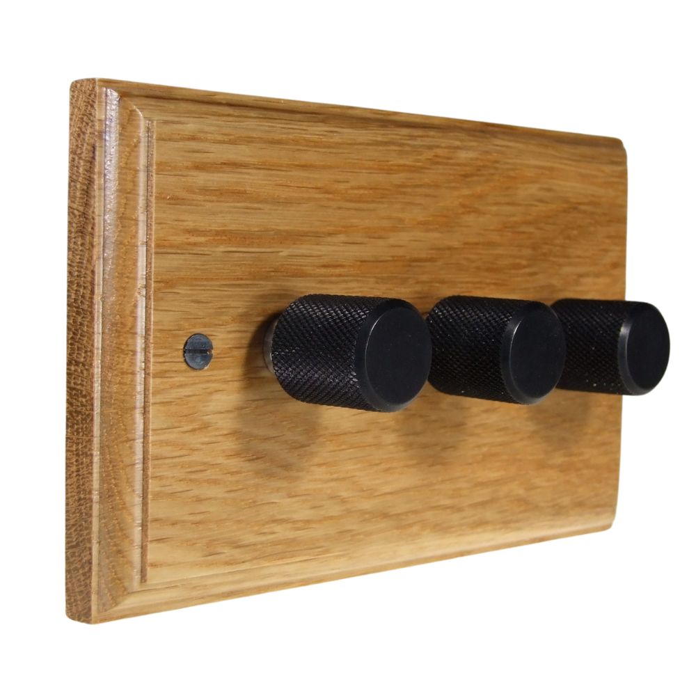 Classic Oak Triple 250W Dimmer Light Switch Retro Black Caps