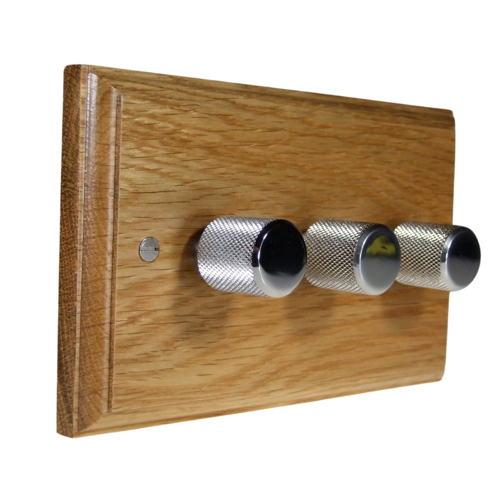 Classic Oak Triple 250W Dimmer Light Switch Retro Chrome Caps