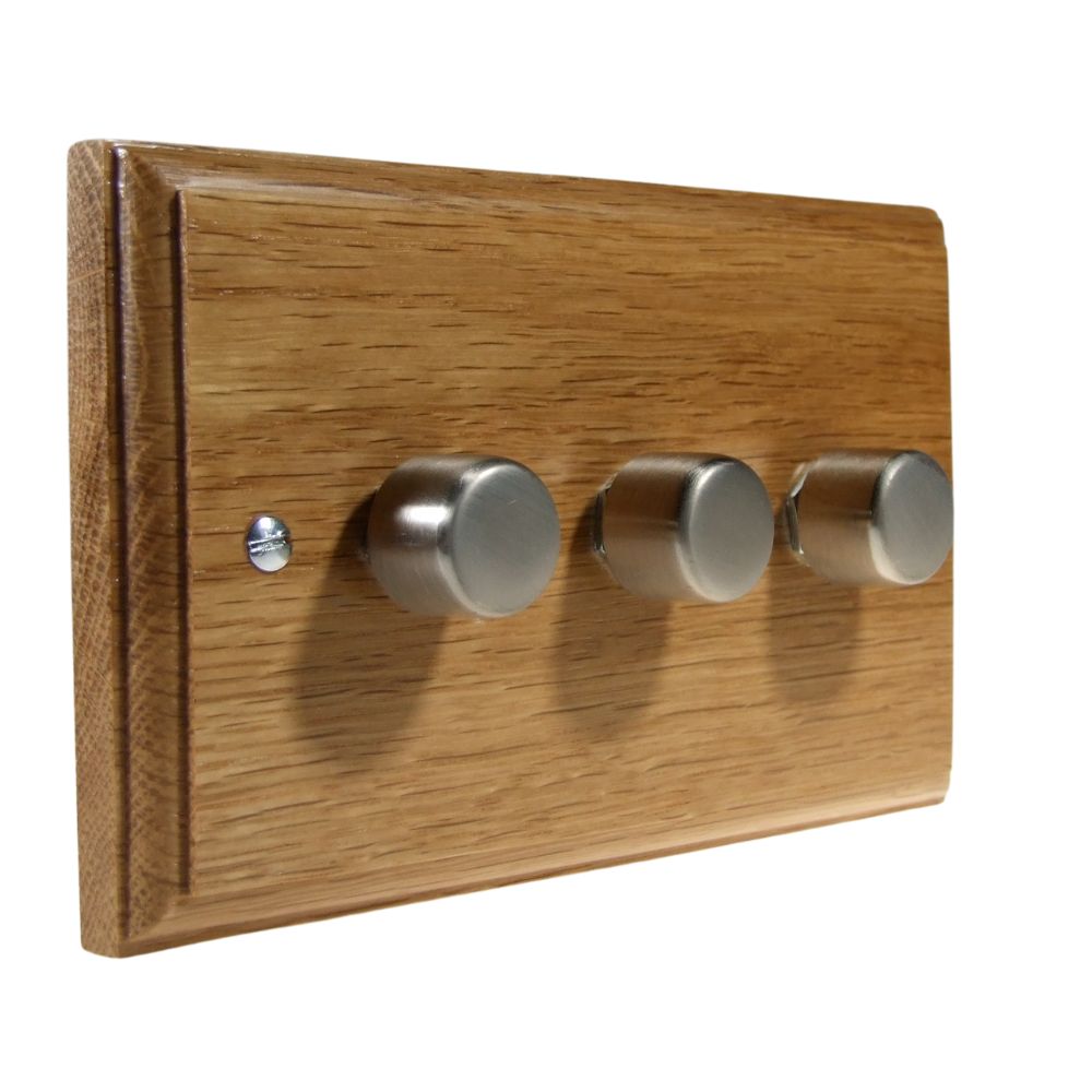 Classic Oak Triple LED Dimmer Light Switch Satin Stainless Caps
