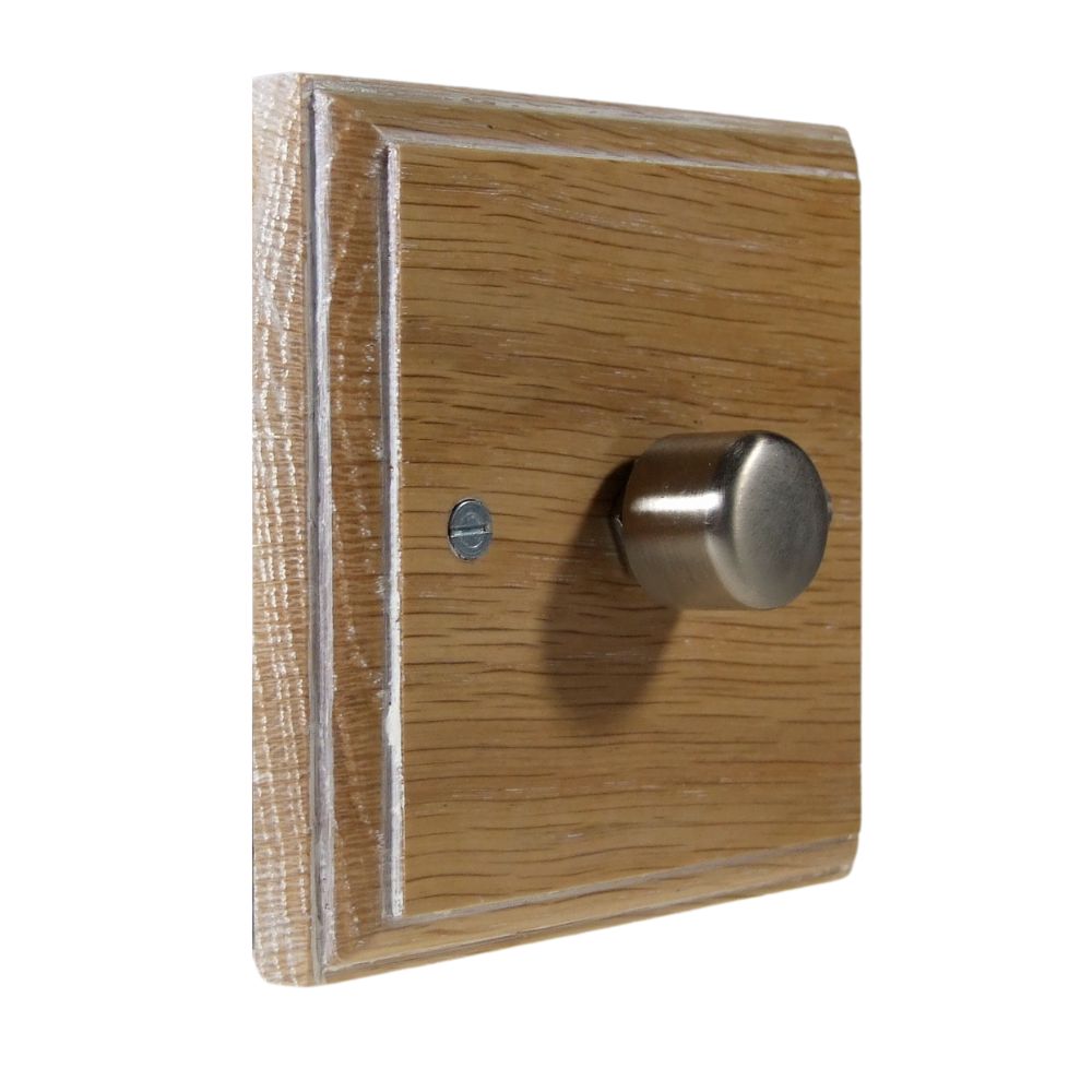 Classic Limed Oak Single 400W Dimmer Light Switch Satin Stainless Caps