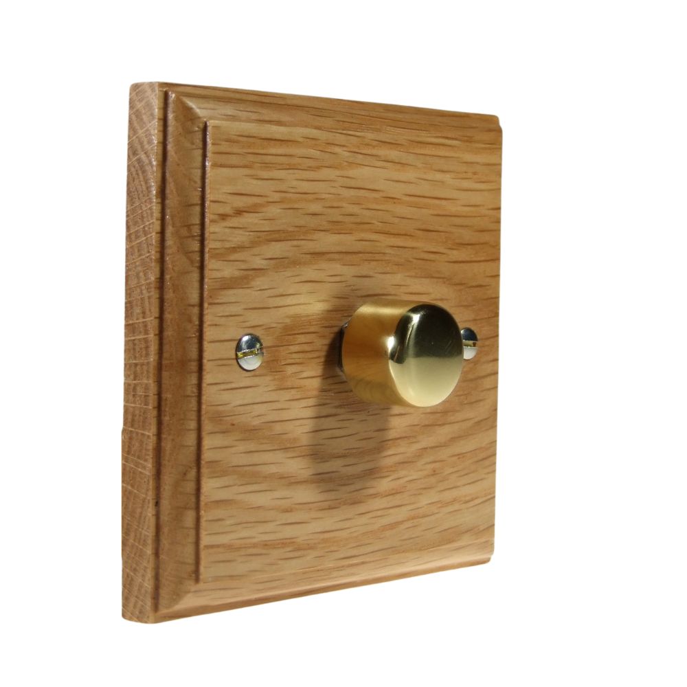 Classic Oak Single 400W Dimmer Light Switch Polished Brass Caps