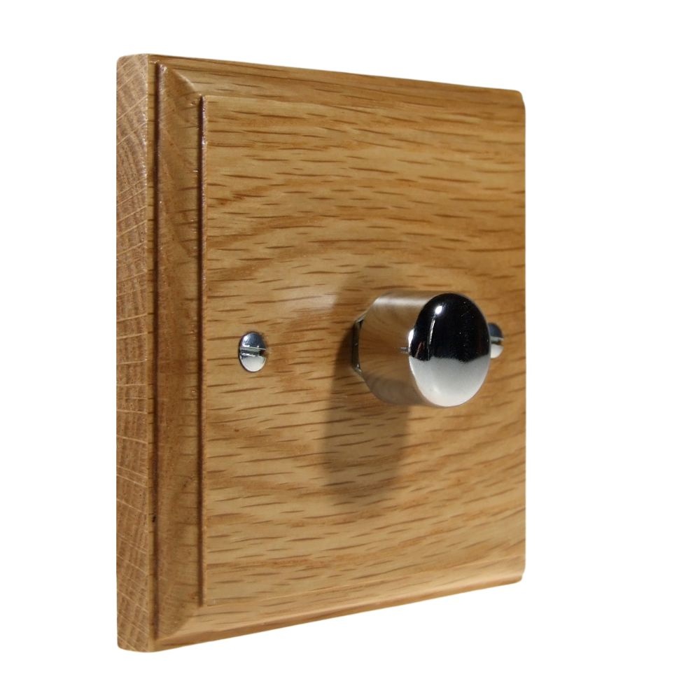 Classic Oak Single 400W Dimmer Light Switch Polished Chrome Caps