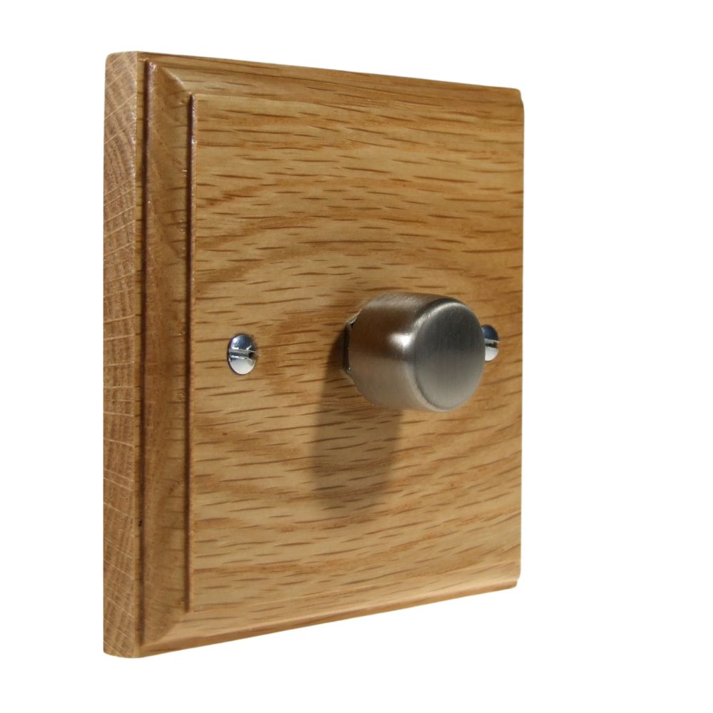 Classic Oak Single 400W Dimmer Light Switch Satin Stainless Caps