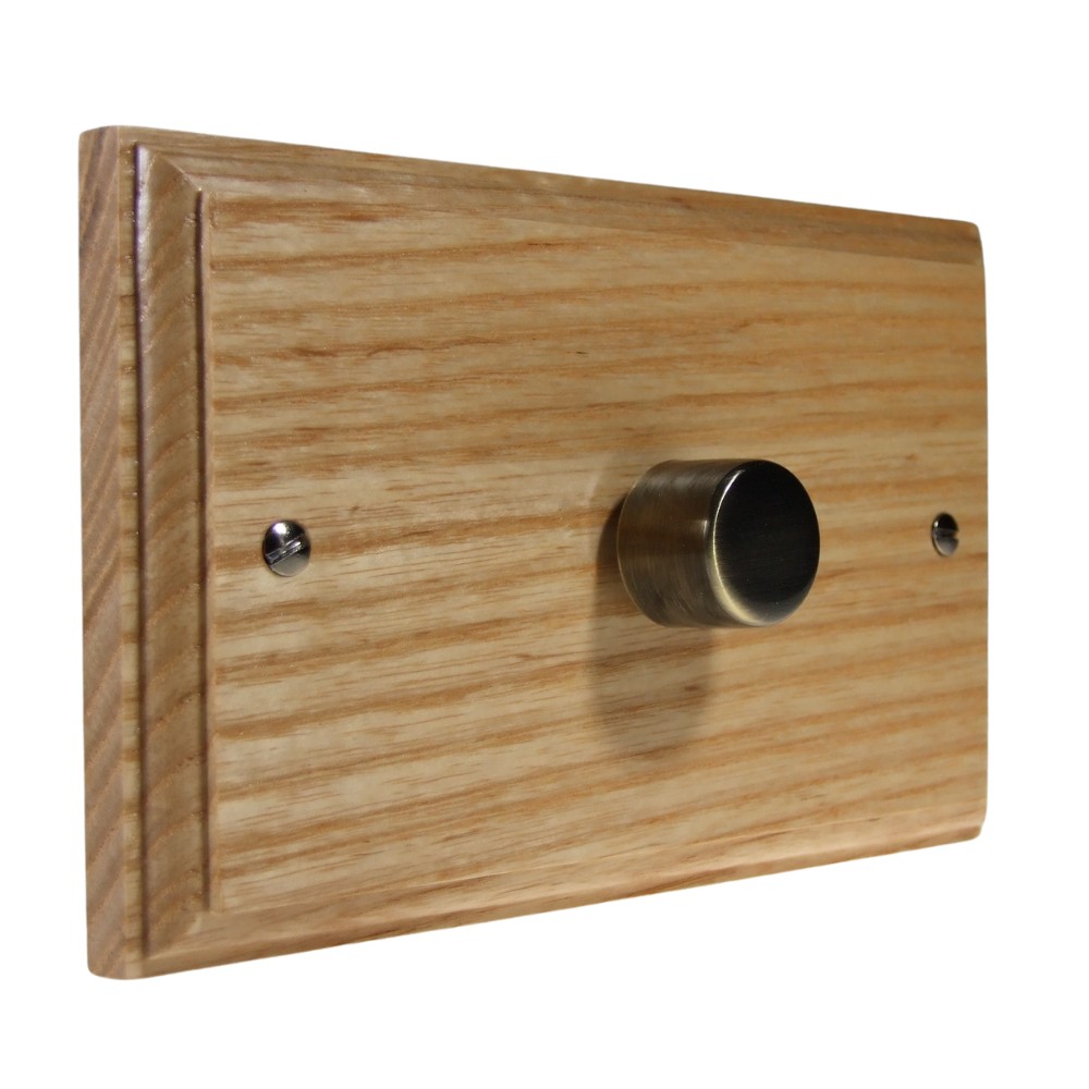 Classic Ash Single 400W Dimmer Light Switch on Twin Plate Antique Brass Caps